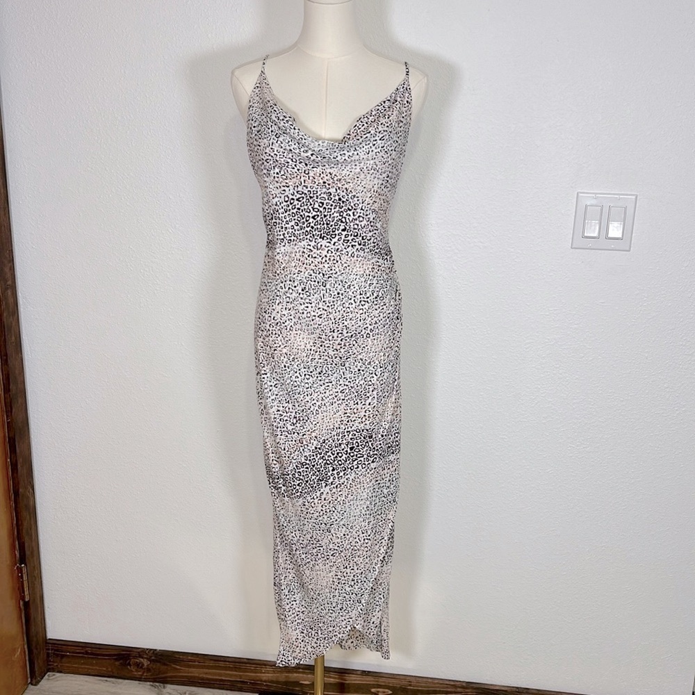 Lovestitch‎ Cowl Neck Pastel Leopard Print Bias Slip Midi Dress Strappy | Size S